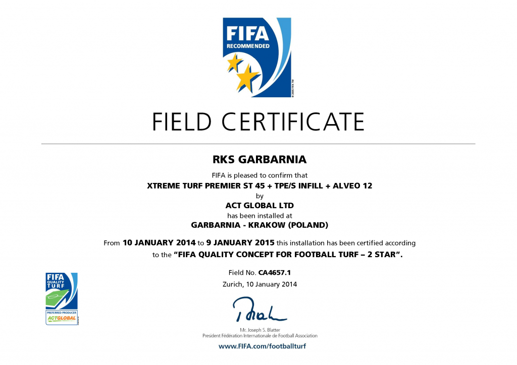 Pełnowymiarowe boisko piłkarskie z trawy syntetycznej i certyfikat FIFA 2 Star dla RKS Garbarnia Kraków, InterHall Sp. z o.o. - Budowa hal sportowych fifa2stargarbarnia1