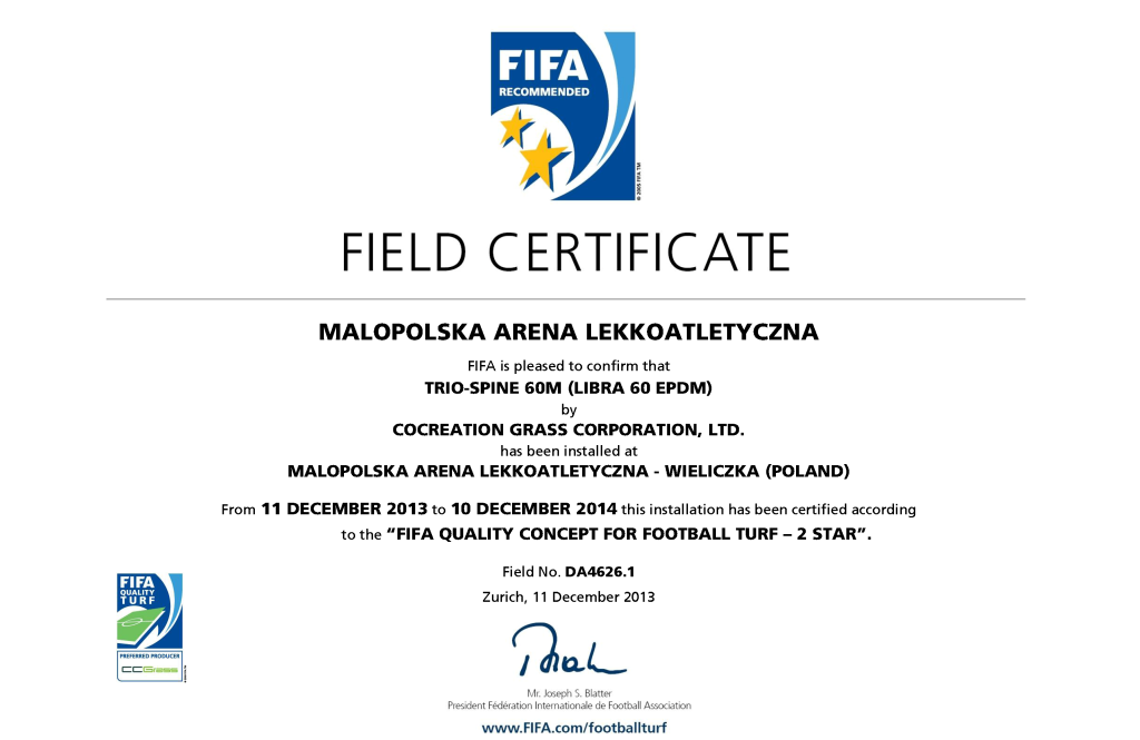 Boisko piłkarskie z sztucznej trawy z certyfikatem FIFA 2 STAR dla Małopolskiej Areny Lekkoatletycznej, InterHall Sp. z o.o. - Budowa hal sportowych malopolska-arena-lekkoatletyczna-certyfikat
